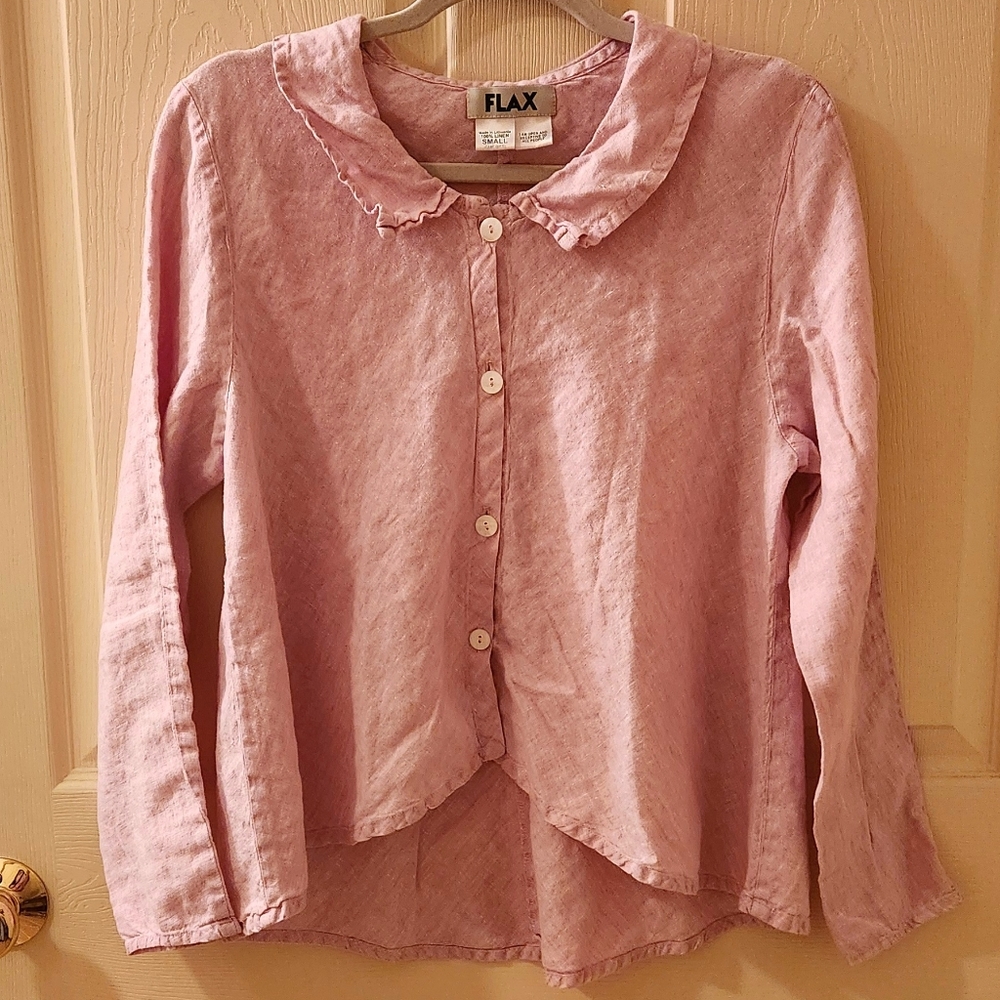 FLAX 100% Linen Light Pink Flowy Long Sleeve Collar Button Up Blouse Small